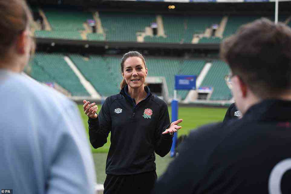 Sporting queen: The Duchess of Cambridge chatted to England Rugby staff, players and referees today