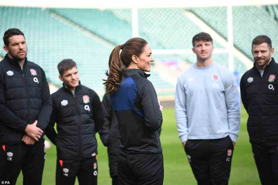 Sporting stars: The Duchess of Cambridge spoke to the England team ahead of their first Six Nations match this weekend