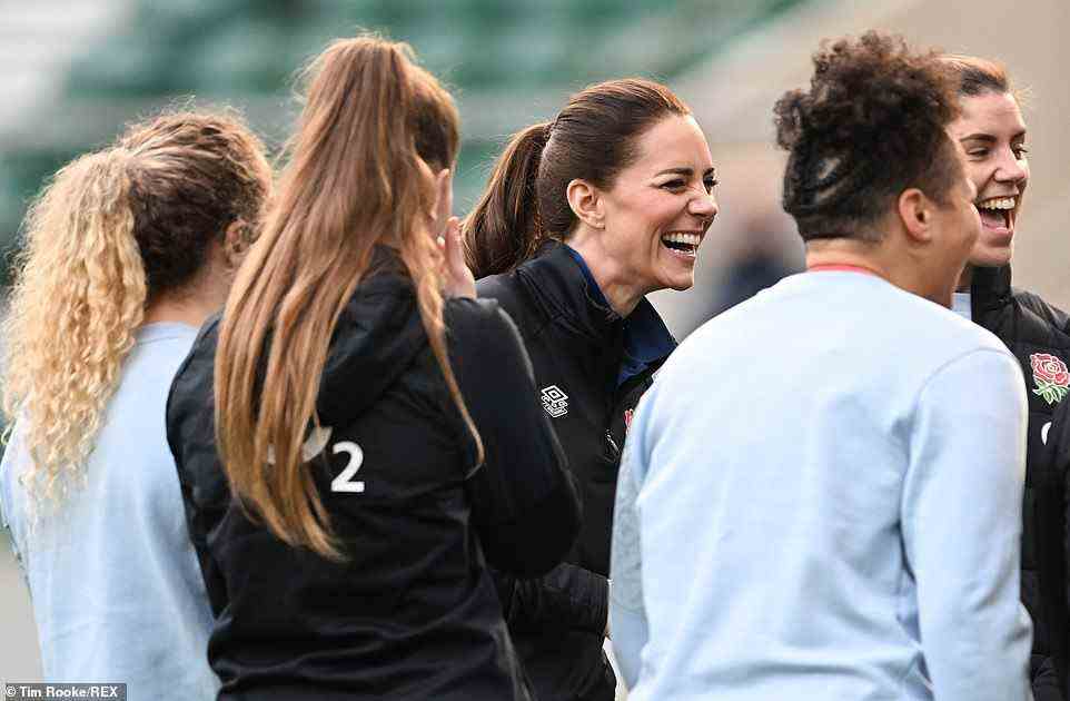 The Duchess of Cambridge shared a joke with members of the England Women's squad during her visit to Twickenham today