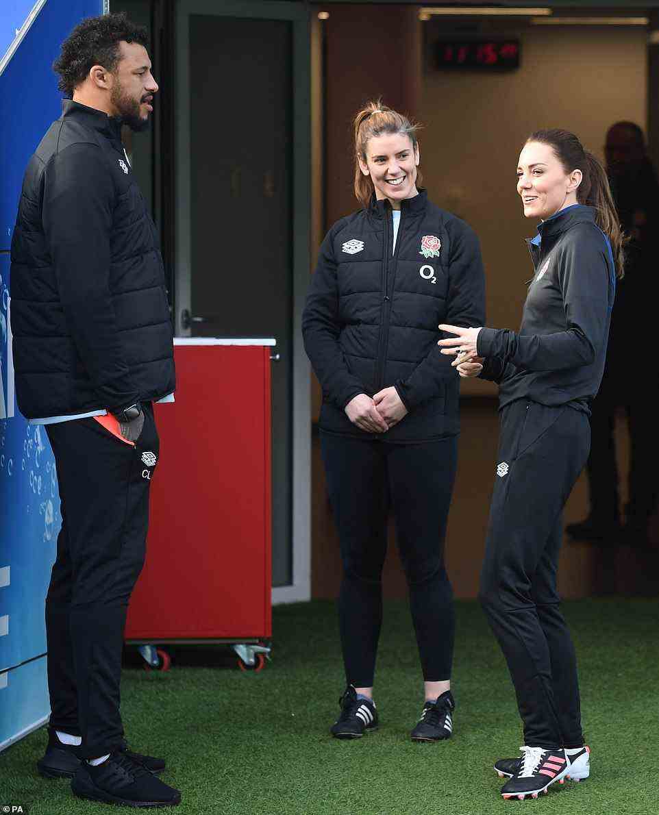 The Duchess of Cambridge chatted to England Rugby captains Courtney Lawes and Sarah Hunter on her arrival at Twickenham