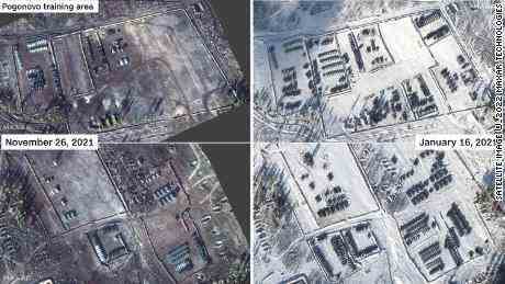 Zwei Kampfgruppen, Panzer, Artillerie und Zelte sind auf dem Truppenübungsplatz Pogonovo in Woronesch, Russland, zu sehen. 