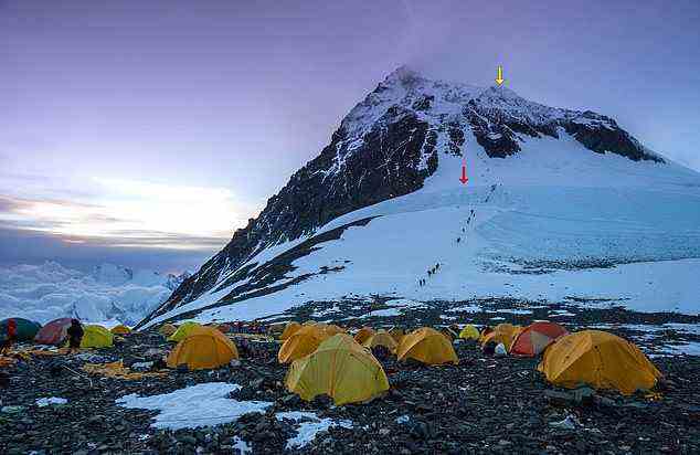 Als Teil der Studie installierte das Team zwei Wetterstationen und sammelte einen Eiskern vom Gipfel des Mount Everest.  Der rote Pfeil zeigt an, wo der Eisbohrkern entnommen wurde, während der gelbe Pfeil den Standort der Balkon-Wetterstation anzeigt