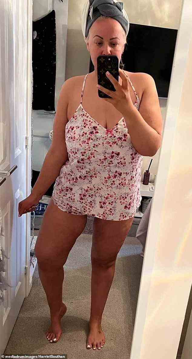 While her operation was a success, Harriet says that she feels there is some stigma around this method of weight loss. Pictured after surgery and weight loss