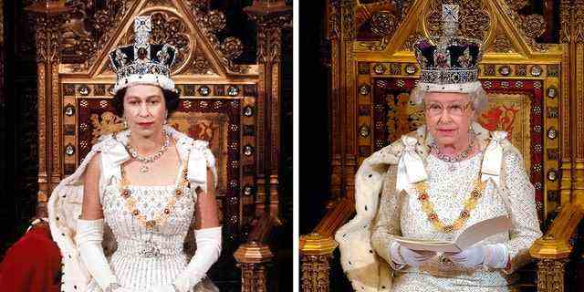 Diese Fotokombination zeigt links die britische Königin Elizabeth II. während der Staatseröffnung des Parlaments in London im April 1966 und rechts am 15. November 2006.