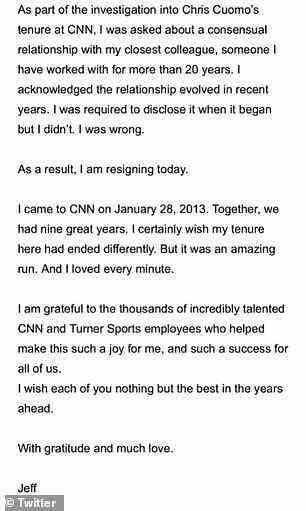 In einem Memo an die CNN-Mitarbeiter am Mittwoch bestätigte Jeff, dass er zurücktreten werde, und sagte, er habe „falsch“ gelegen, weil er ihre Beziehung zu Beginn nicht offengelegt habe