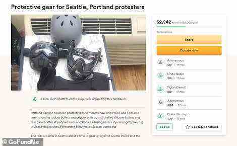 A screenshot of an active GoFundMe page raising funds for BLM protestors in Seattle and Portland. The account was created in 2020