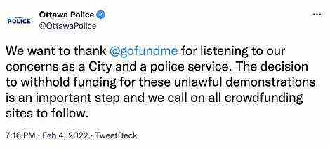 The Ottawa Police Department thanked GoFundMe for discontinuing the fundraiser