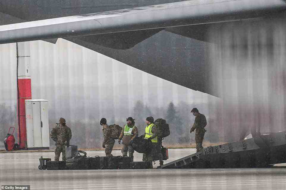 The troops arriving in Poland are part of the 82nd Airborne Division stationed in Fort Bragg, North Carolina. It was not immediately clear how many troops arrived Sunday, but a C-17 is 'designed to airdrop 102 paratroopers and their equipment', according to the Air Force website