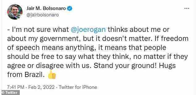 President of Brazil Jair Bolsonaro, who has been largely criticized for his vaccine skepticism, also backed Rogan on the social media platform