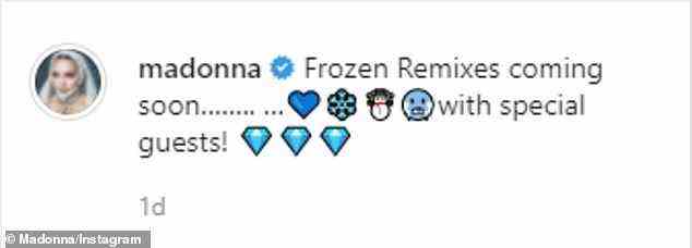 The Material Girl schrieb in der Bildunterschrift: „Frozen Remixes kommen bald … mit besonderen Gästen!“