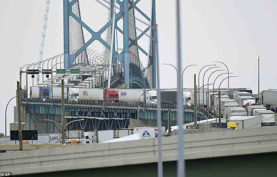 The owner of the bridge, the Detroit International Bridge Co, said international commerce on the bridge needed to resume. Canada sends 75 percent of its goods exports to the United States, and the bridge usually handles around 8,000 trucks a day