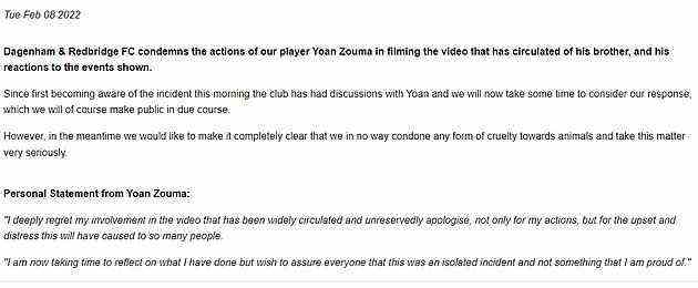 Zouma's brother is currently signed with National League side Dagenham & Redbridge FC, who also condemned their star's actions in a statement. In a statement issued on their website, club bosses said: 'Since first becoming aware of the incident this morning the club has had discussions with Yoan and we will now take some time to consider our response, which we will of course make public in due course