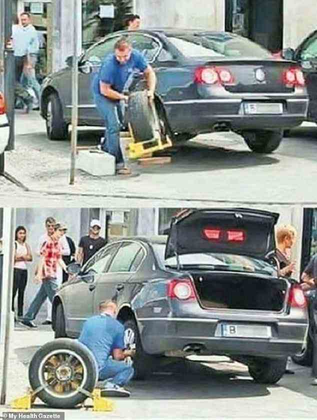 Zurück auf der Straße: Dieser Mann, von dem angenommen wird, dass er aus irgendwo in Europa stammt, kehrte zu seinem Auto zurück und fand es festgeklemmt vor, also beschloss er einfach, den Reifen komplett zu entfernen