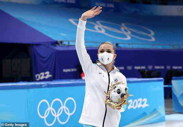 Valieva is pictured during the ceremony where she was awarded her gold medal, which could now be taken away from her