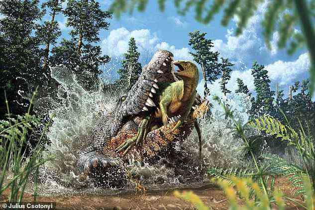 Artist's impression depicts the capture of the ornithopod by the crocodile species, Confractosuchus sauroktonos