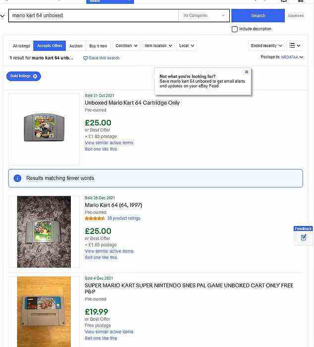 ebay sold prices for those looking to offload an unboxed Mario Kart 64 cartridge.