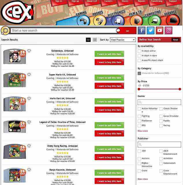 Buyer and seller prices on CeX for unboxed versions of the most popular games.