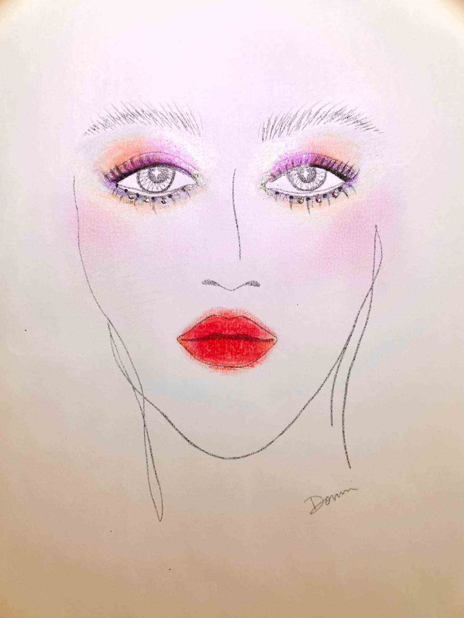 Gesichtsdiagramm des Gesichts mit rosa und orangefarbenem Lidschatten und Strasssteinen und rosarotem Lippenstift