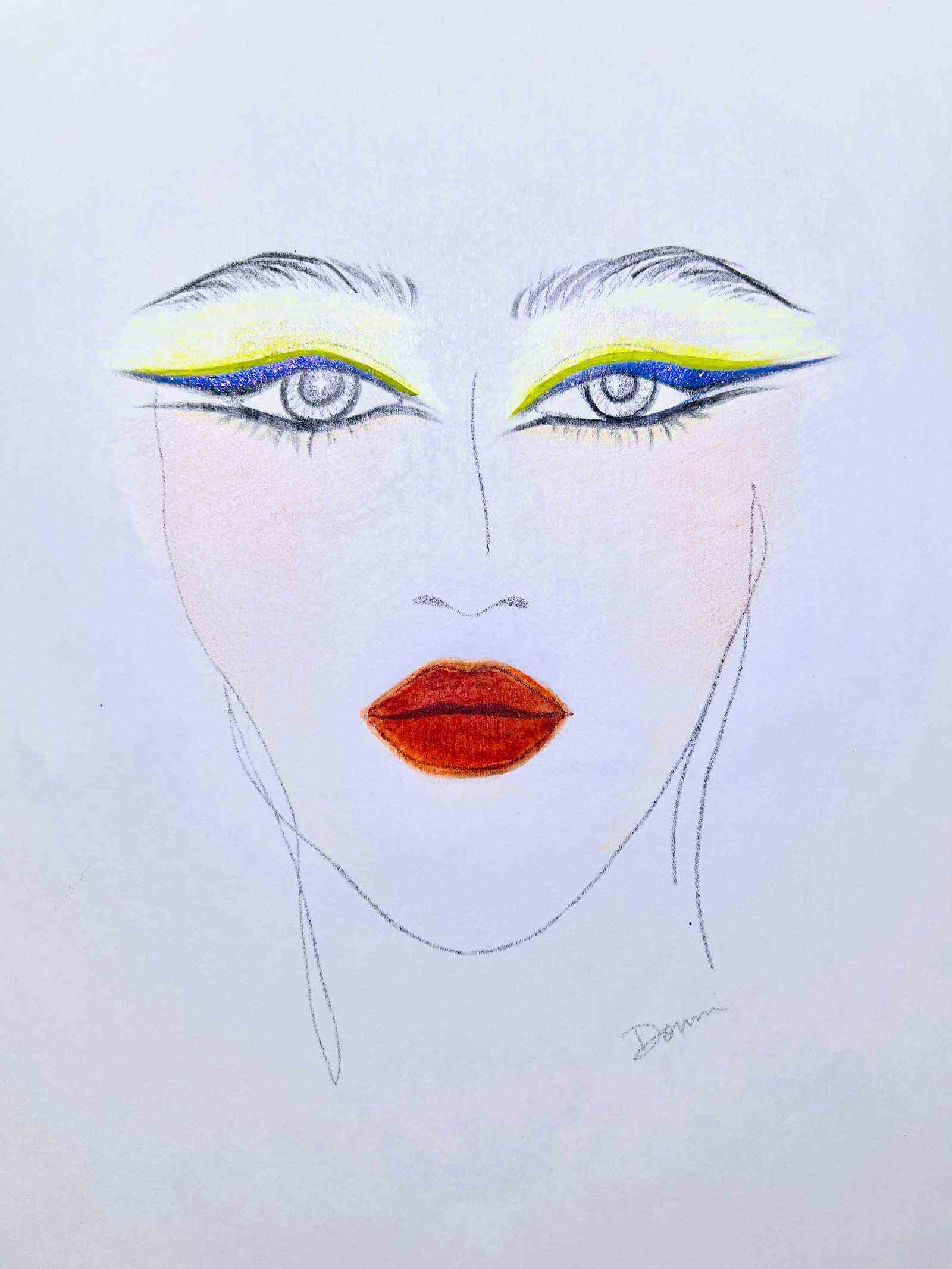 Gesichtsdiagramm des Gesichts mit gelbem und blauem Eyeliner und rotem Lippenstift
