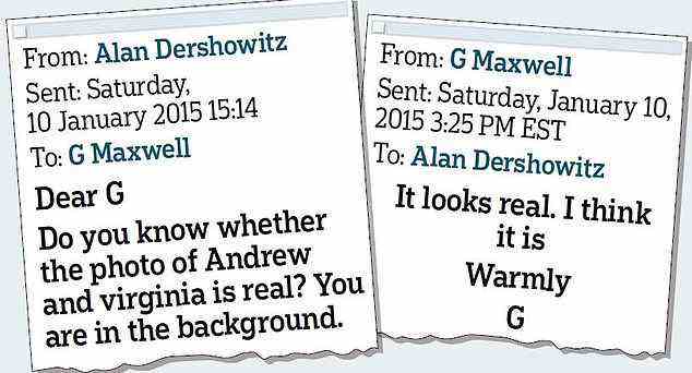 In einem E-Mail-Austausch, den die Mail gesehen hat, wurde das Bild von Maxwell und Epsteins ehemaligem Anwalt Alan Dershowitz diskutiert