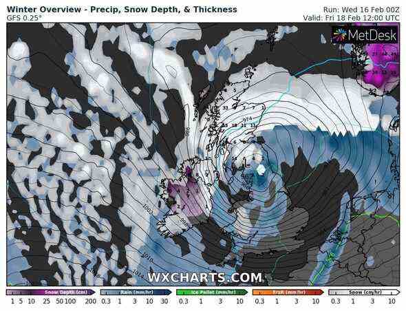 Am Freitag dringen Stürme Eunice mit Windgeschwindigkeiten von 90 Meilen pro Stunde im Süden und Schnee im Norden in das Vereinigte Königreich vor