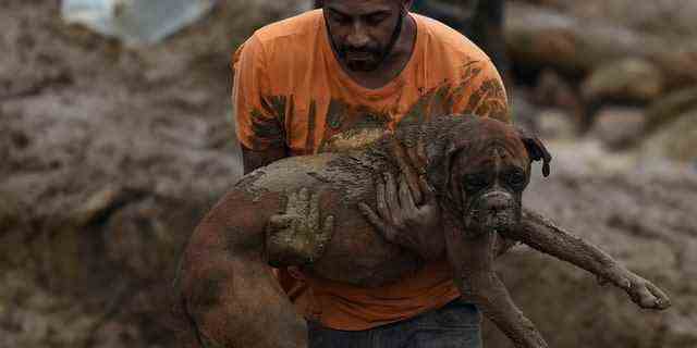 Ein Mann trägt einen Hund aus einem von Schlammlawinen zerstörten Wohngebiet in Petropolis, Brasilien, Mittwoch, 16. Februar 2022.