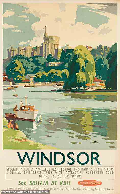 Diese Werbung der British Railways aus den 1940er Jahren fordert Reisende auf, Windsor mit der Bahn zu erkunden