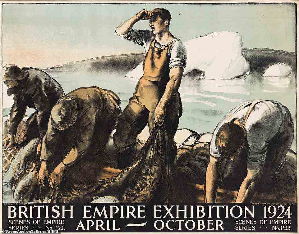 Das obige Poster, illustriert von Gerald Spencer Pryse, wurde 1924 für die British Empire Exhibition in Auftrag gegeben