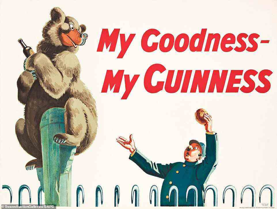 Der Verkauf zeigt ein amüsantes Guinness-Poster von 1956 (im Bild), das einen Bären auf einem Laternenpfahl zeigt, der eine Flasche hält, die einem ahnungslosen Mitglied der Öffentlichkeit mit den Worten „Meine Güte, mein Guinness“ geklaut wurde.