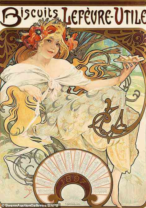 Eines der frühesten Poster der Auktion mit über 400 Losen ist eine französische Anzeige von 1897 für Biscuits Lefevre (im Bild).  Das Plakat, das ein Mädchen in einem Kleid aus Sicheln und Weizen zeigt, sollte die Herkunft ihrer Snacks zeigen