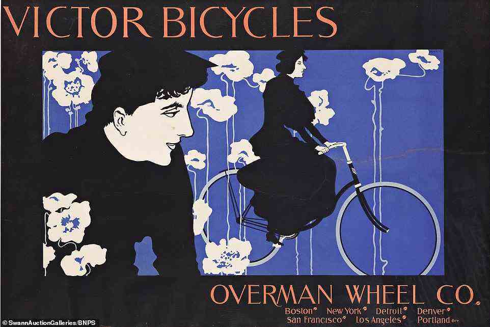 Ein Plakat von 1895 für Victor Bicycles (im Bild) aus Boston, USA, das eine Frau in einem schwarzen Kleid auf einem Fahrrad darstellt, könnte 9.000 Pfund einbringen