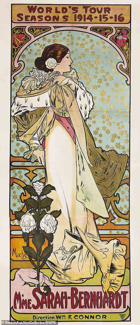 Abgebildet ist ein Jugendstil-Plakat von Alphonse Mucha für die französische Bühnenschauspielerin Sarah Bernhardt, die in den 1910er Jahren für ihre 