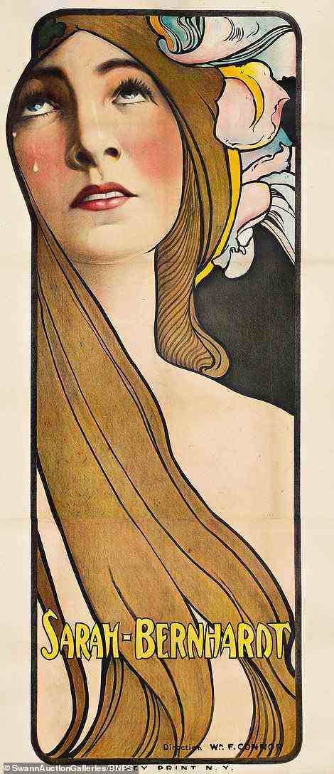 Oben ist ein zweites Poster der Schauspielerin Sarah Bernhardt von Mucha aus dem Jahr 1914