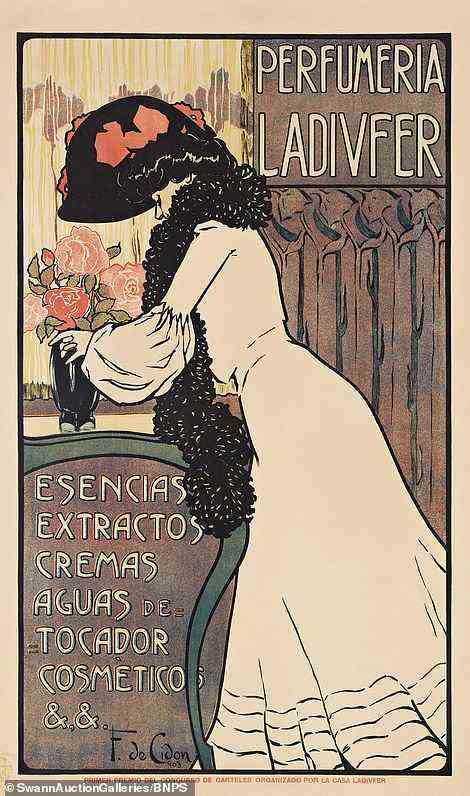 Ein Plakat mit dem Titel Perfumeria Ladiver von Francisco de Cidon Navarro aus dem Jahr 1903. Die von verschiedenen Sammlern eingelieferten Plakate kommen bei den Swann Galleries in New York unter den Hammer