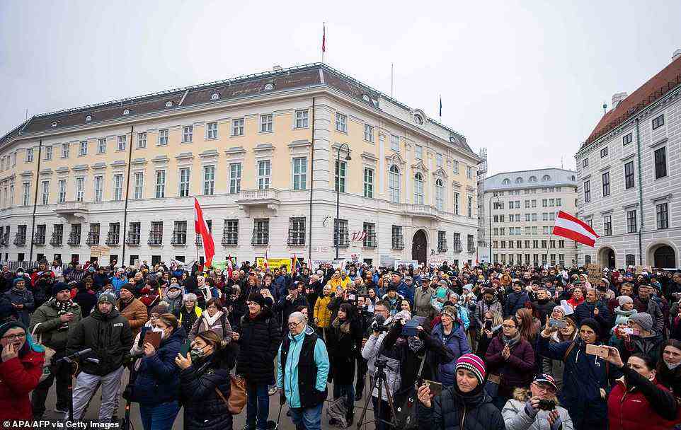 Anti-vaccination demonstrators protest at the Ballhausplatz in Vienna, Austria, on November 14, when the country became the first country in Europe to introduce a lockdown solely for the unvaccinated