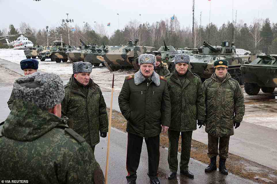Belarusian President Alexander Lukashenko attends the "Allied Resolve" military exercises held by the armed forces of Russia and Belarus at the Osipovichsky training ground