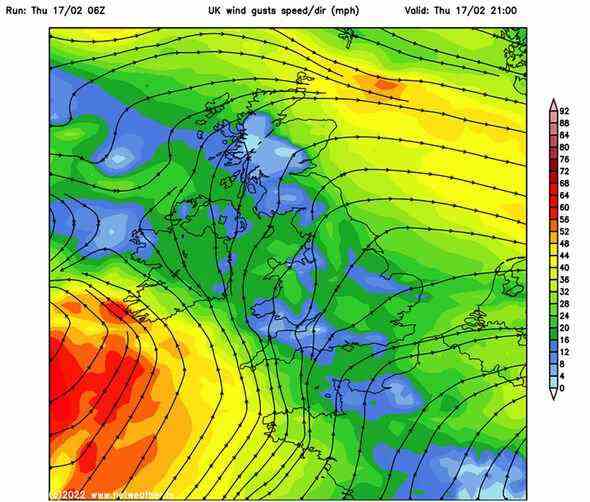 Die Tracker-Karten von Storm Eunice zeigen Windböen am Donnerstag um 21 Uhr