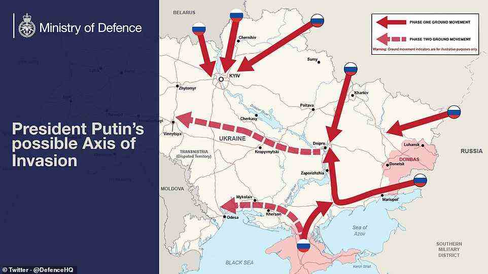 The report said Putin has massed troops on Ukraine's northern border in a way that 'directly threatens Kiev, the capital' and showed a series of possible routes Russian soldiers could take in an invasion that could see them take much of the east of the country