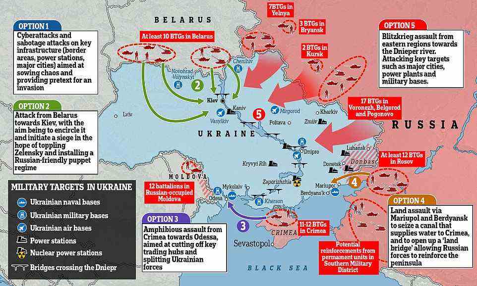 A map showing where Putin's forces have assembled on Ukraine's borders, the military options Putin might be considering, and key targets he would likely go after in the event he chooses to invade - something the US continues to war could be just weeks away from happening