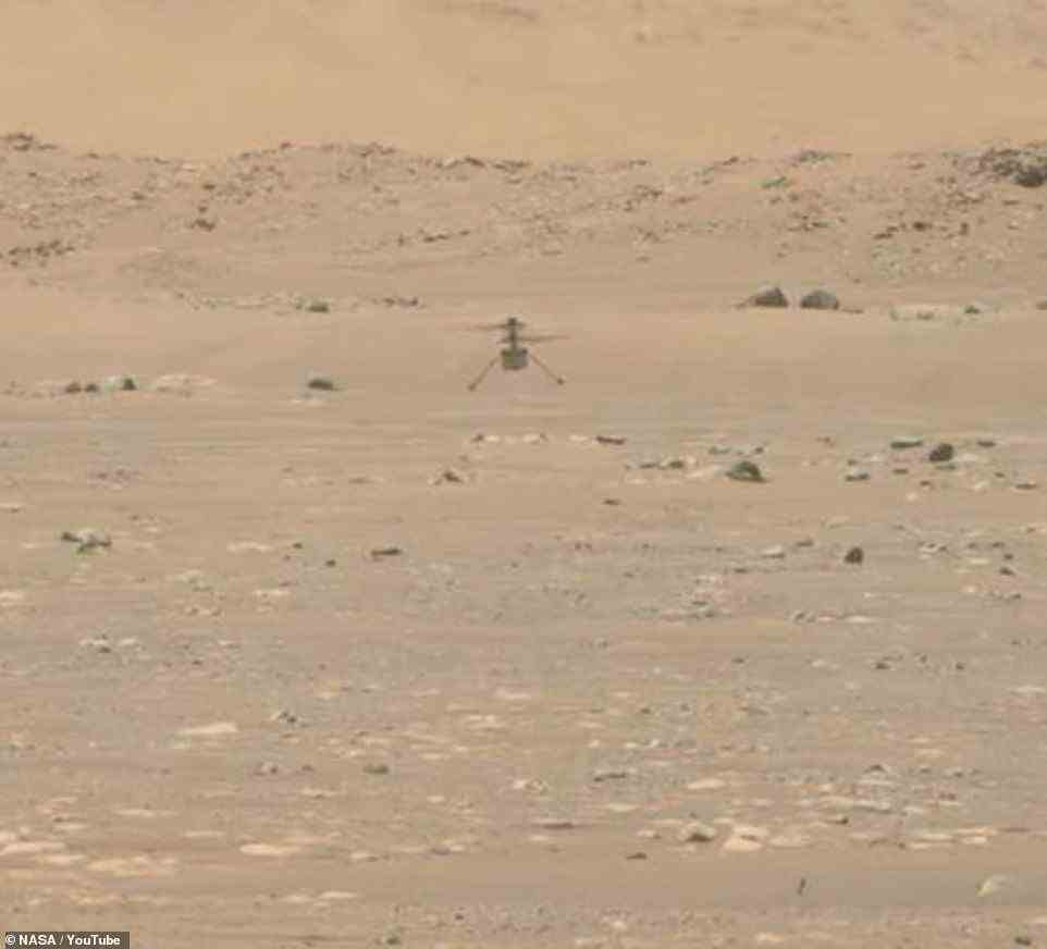 The four-pound helicopter fired up its rotors and lifted itself 10 feet into the air where it hovered for five seconds, made a 96-degre turn and floated for another 30 seconds before landing back on the Martian surface during its first flight
