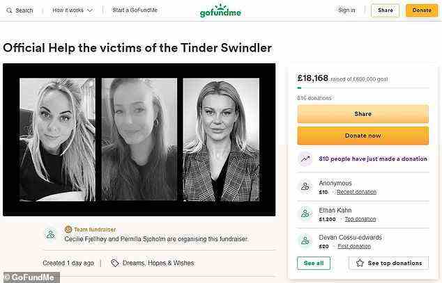 Hayut has never been charged for scamming Cecilie, Ayleen or Pernilla, who are hoping to raise £600,000 using GoFundMe (pictured)