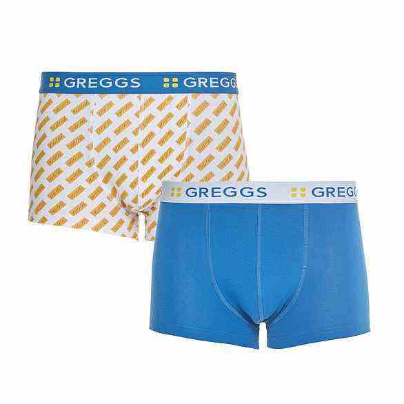 Greggs zweiteiliges Unterhosen-Set kombiniert ein sich wiederholendes Wurstrollen-Design mit einem Set leuchtend blauer Slips, ein perfektes Neuheitsgeschenk für Gebäckfans
