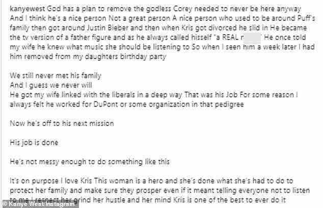 „Ich liebe Kris“: In einem Beitrag an diesem Samstagmorgen schrieb Kanye kryptisch, dass Corey „auf seiner nächsten Mission“ sei, und bezeichnete ihn als „gottlos“.