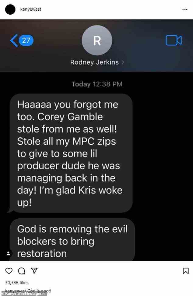 Wow: Kanye hat Screenshots von Texten gepostet, die anscheinend von Darkchild alias Rodney Jerkins stammen, und sagte: „Ich bin froh, dass Kris aufgewacht ist!  Gott entfernt die bösen Blockierer, um Wiederherstellung zu bringen.