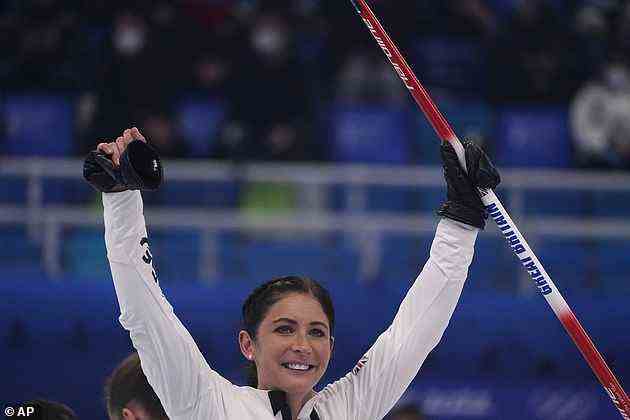 Britain's Eve Muirhead celebrates winning gold after the women's curling final match with Japan in Beijing.