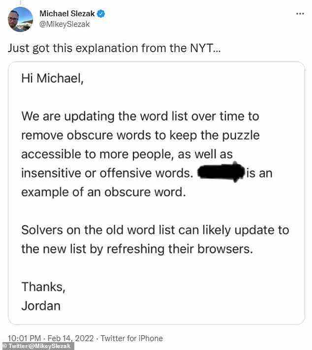 NYT-Kommunikationsdirektor Jordan Cohen hat dem australischen Journalisten Michael Slezak bereits mitgeteilt, dass das ursprüngliche Wort für Dienstag entfernt wurde, weil es „zu dunkel“ sei.
