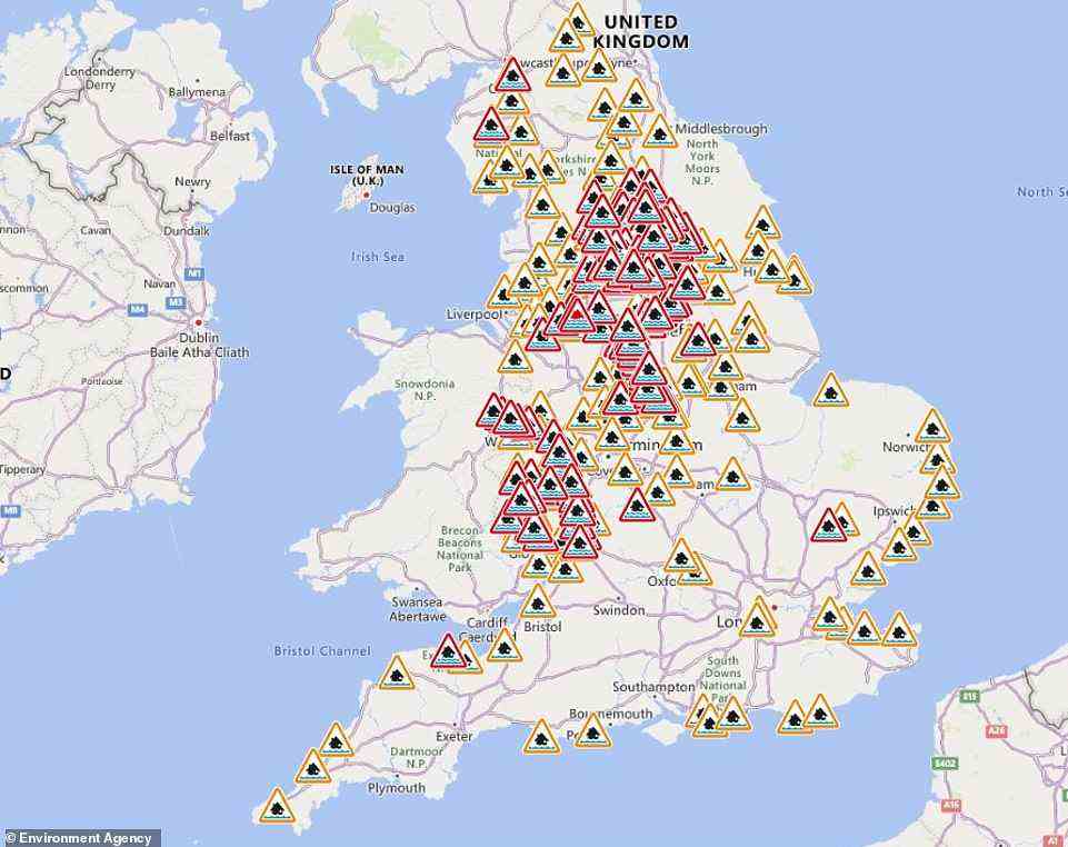 The Environment Agency has issued 185 warnings (in red) where 'flooding is likely', two severe flood warnings in Manchester, and 172 alerts (in amber) where 'flooding is possible' for the north-western half of the UK, London and the south coast
