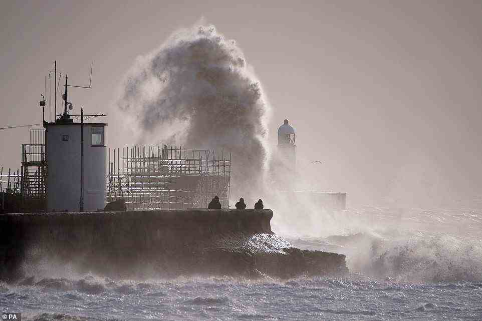 Huge waves hitting the sea wall at Porthcawl in Bridgend, South Wales, this morning after Storm Franklin moved in overnight