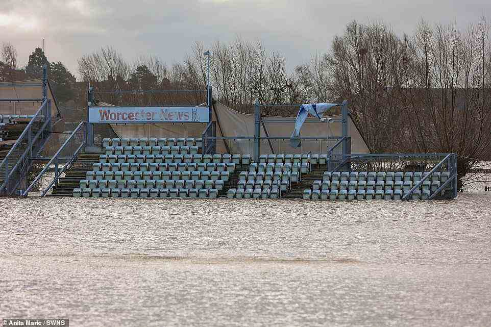 Worcester County Cricket ground is flooded today following the impact of Storm Franklin which caused chaos in Britain