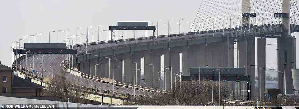 The Queen Elizabeth II Bridge at the Dartford Crossing between Kent and Essex is empty today after it was shut due to winds